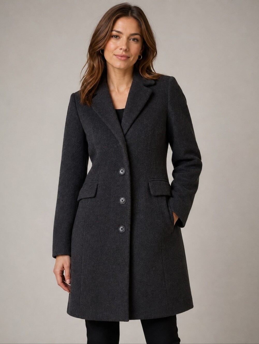 Covington Women's Wool Blend Tailored Dark Grey Single Breasted Coat. Size S.